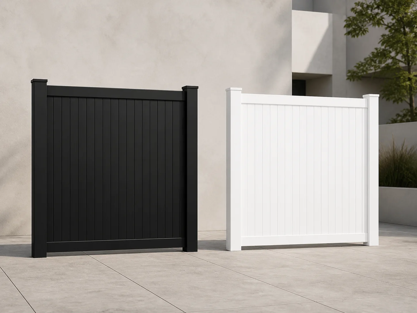 Comparación de cerca Solid Privacy PVC completa en negro mate y blanco, con paneles verticales cerrados