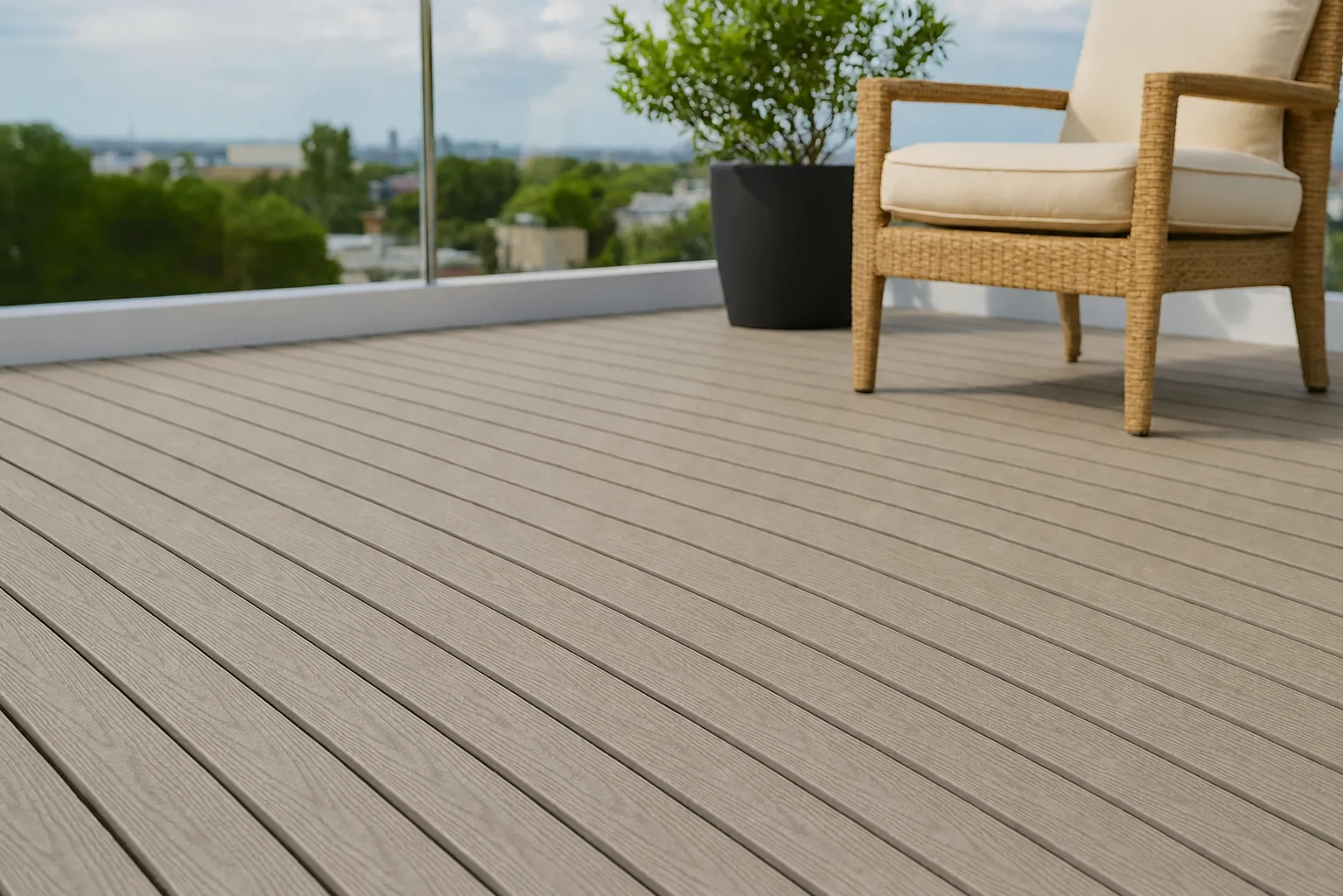 Terraza exterior terminada con deck WPC instalado por la cara Mocca