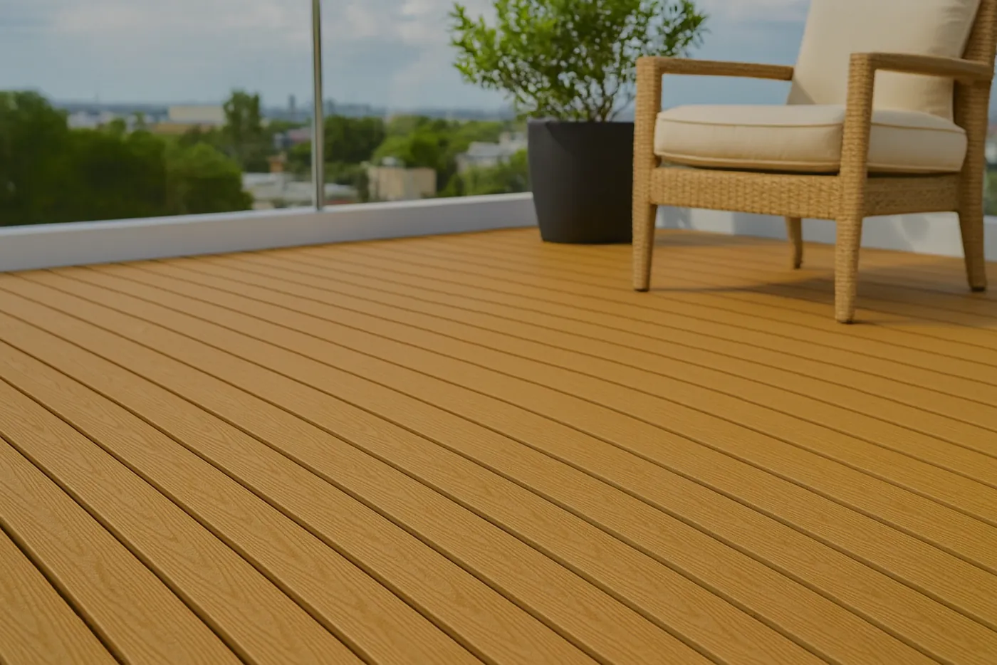Deck WPC tono Panna, madera clara, en una terraza