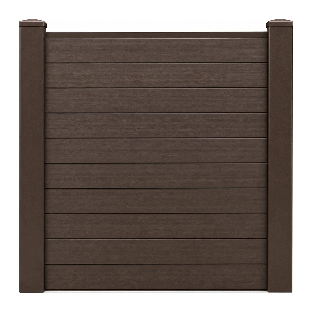 Vista frontal de una sección de cerca WPC de 2.00 por 2.00 metros con listones horizontales en tono madera y dos postes, sobre fondo blanco