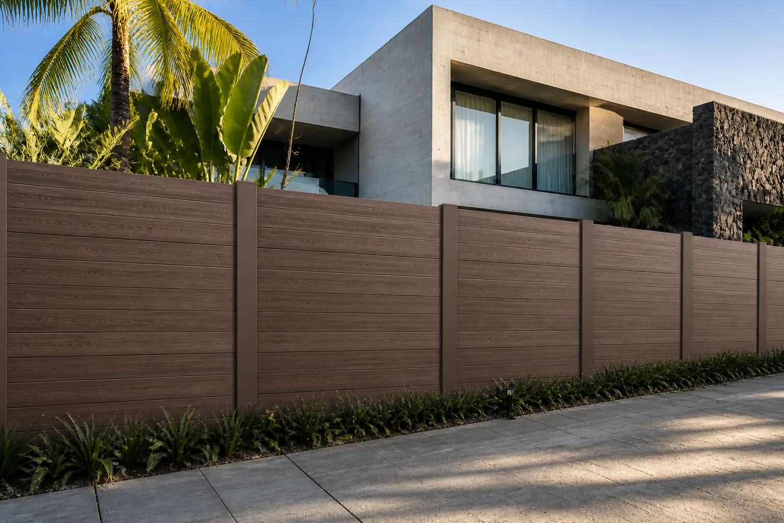 Casa residencial moderna de concreto con barda de privacidad WPC en tono Café Oscuro, vista desde el jardín