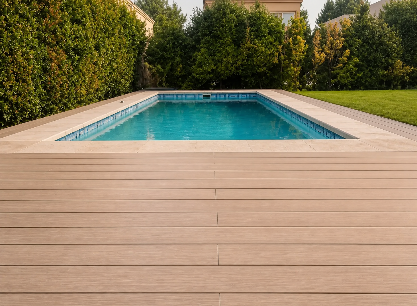 Terraza junto a alberca terminada con deck Decco cara Panna en alta definición