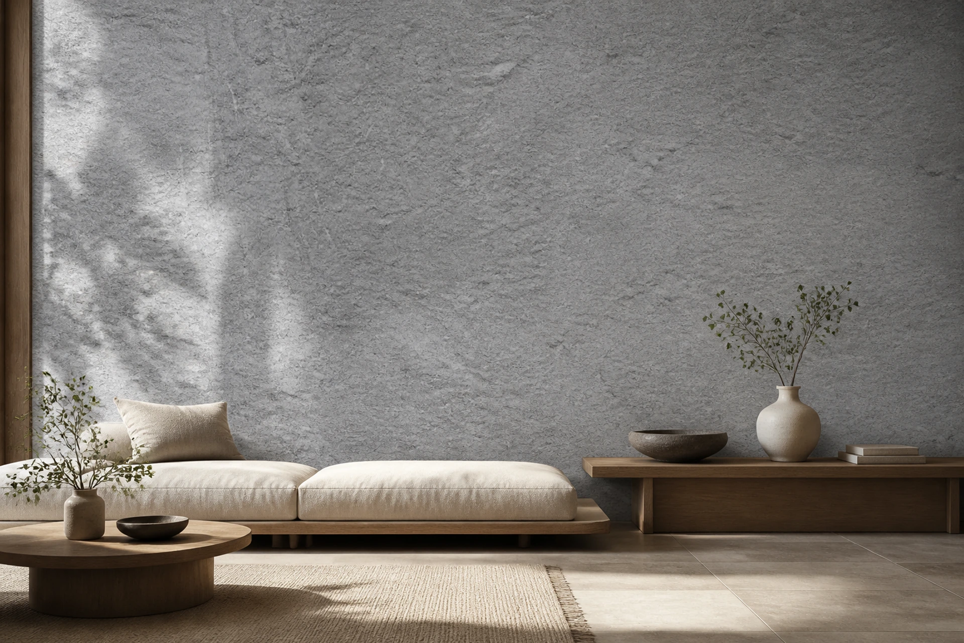 Sala contemporánea con muro revestido de piedra flexible Calaluna Decco