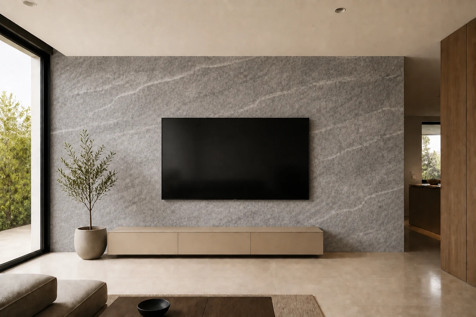 La misma sala y televisión con el muro terminado en piedra flexible Decco modelo Calaluna