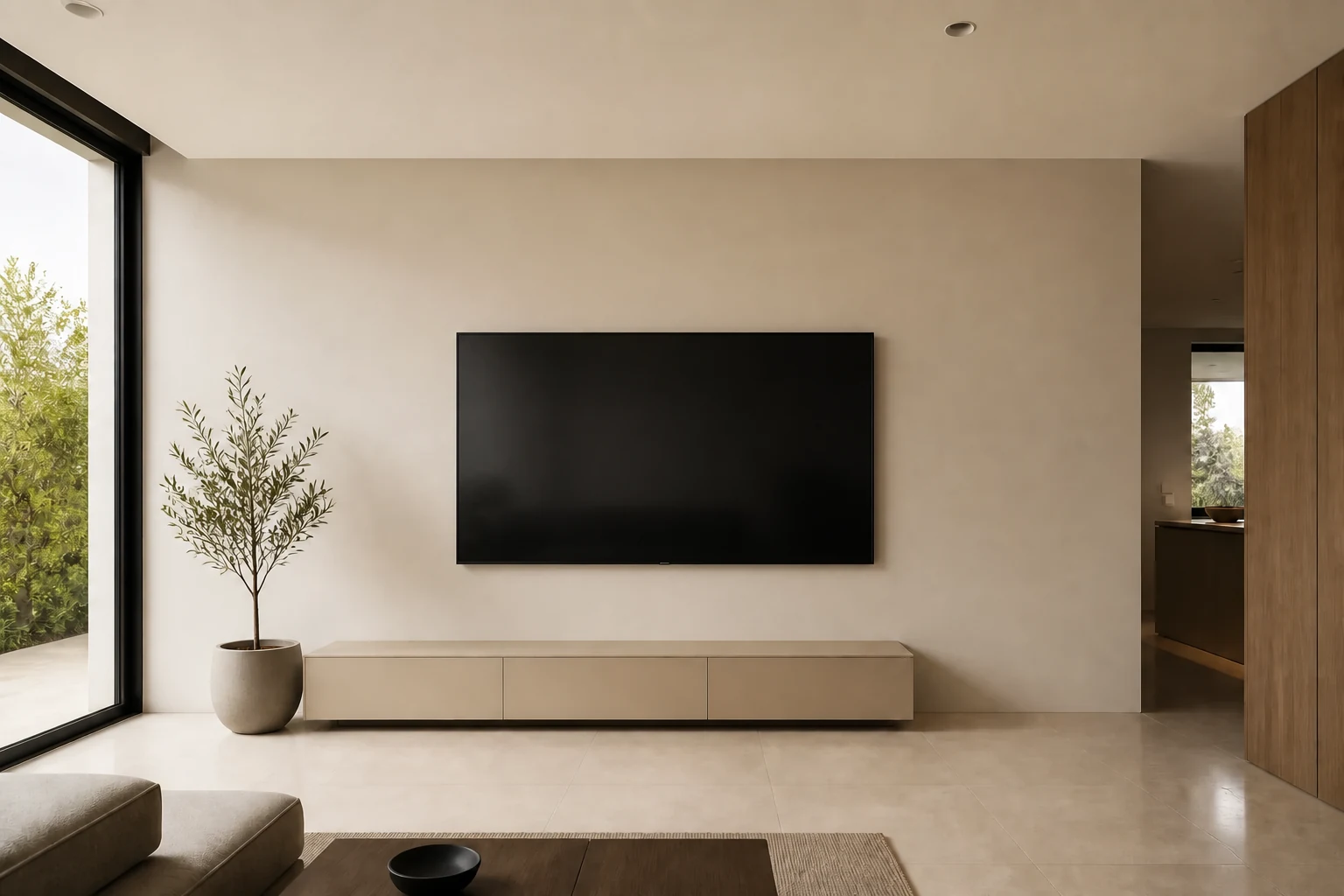 Sala contemporánea con televisión y muro liso antes de instalar piedra flexible
